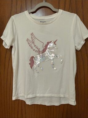 Girls Sz L (10/12) White Sequin Unicorn Sequin Short Sleeve Tee